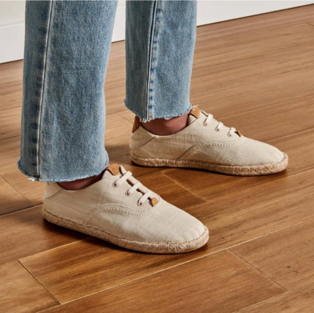 OLUKAI Kaula Pa'a Li Cream Linen LaceUp Boho Minimalist Espadrille Flats‎ Size 7